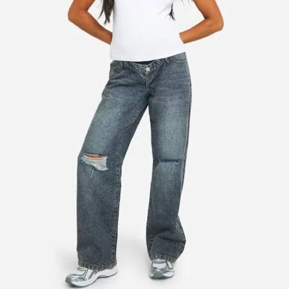 Boohoo Over The Bump Maternity Boyfriend Ripped Knee Distressed Loose Fit Jeans - Picture 1 of 7